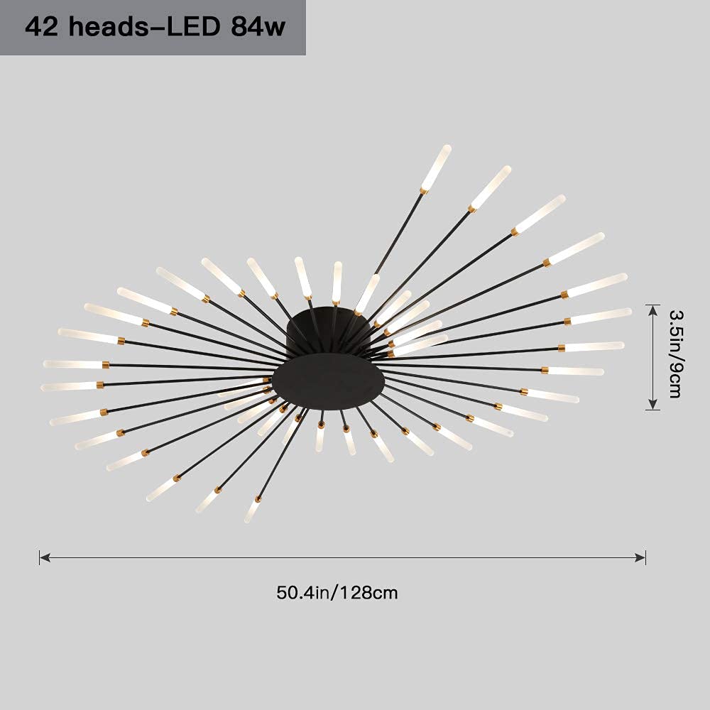 Modern Flower Shape LED Ceiling Light - Flush Mount Sputnik Firework Petal Design - Matte Black Metal & Acrylic Lighting Fixture with 42 Lights - Perfect for Living Room, Dining Room, Bedroom Decor - Energy Saving Home Lighting Solution for Modern Interior Design