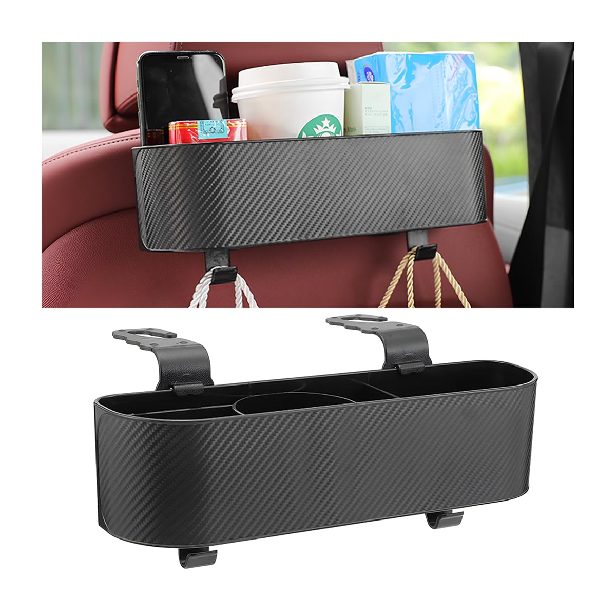BELOMI Car Backseat Organizer with Cup Holder & Hooks - Travel Storage for Snacks, Phones & Drinks (Black)