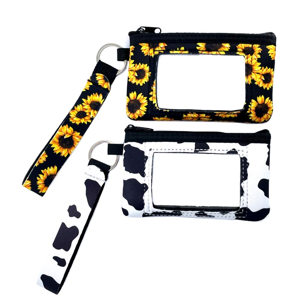 CalorMixs Women's 2-Pack RFID Blocking Zipper Wallet Card Holder - Keychain Coin Purse with Cow & Sunflower Print - Perfect for Travel, Work, and Everyday Use