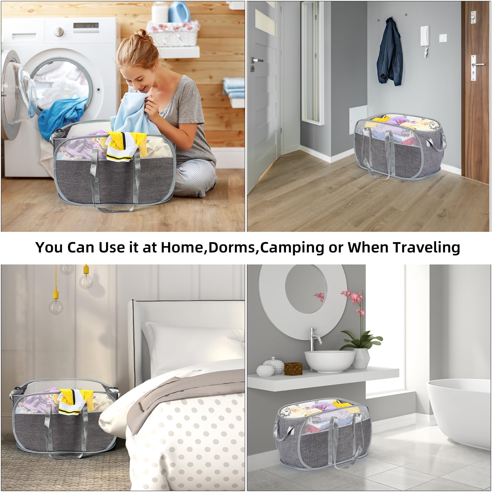 Collapsible Laundry Basket with Reinforced Handles - Foldable Pop Up Hamper for Laundry Room, Bathroom & Travel - Lightweight Storage Solution for Clothes, Toys & Organizing (Gray) - Perfect for Small Spaces, College Dorms & Camping Trips