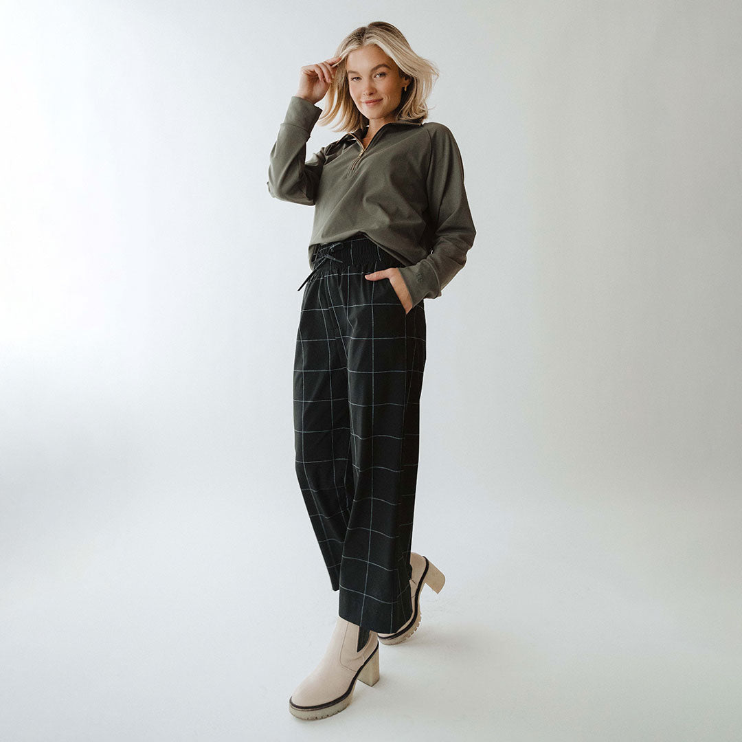 Audrey Wide Leg Pants for Women - Black Windowpane Check Pattern High Waist Trousers | Office Work, Business Casual & Evening Outfits