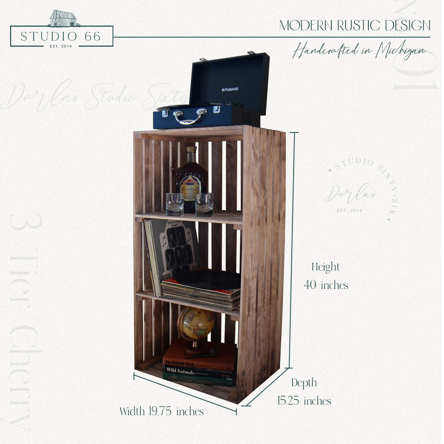 Darla'Studio 66 Cherry Stained 3 Tier Turntable Stand - Wooden Record Player Stand for Vinyl Storage, Perfect for Living Room, Bedroom & Home Decor