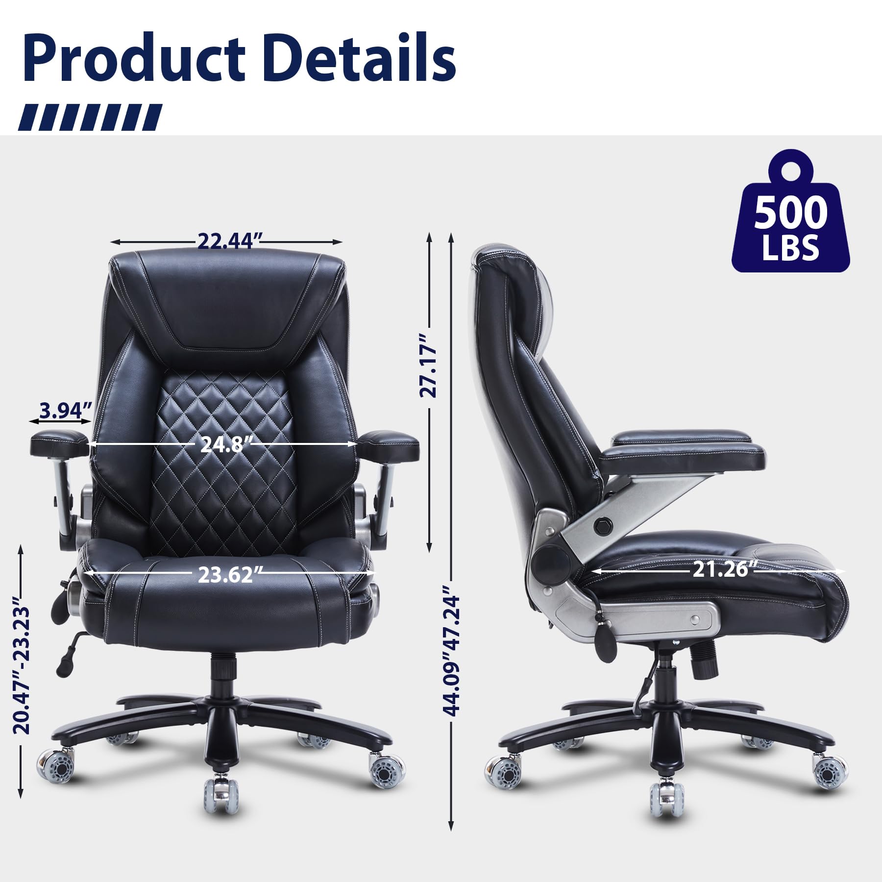 500lbs Big and Tall Office Chair - Heavy Duty Executive Chair with 4D Flip-Up Armrests & Adjustable Lumbar Support - Extra Wide Computer Chair for Large People - Oversized Ergonomic Desk Chair for Home Office, Gaming & Workspace (Black)