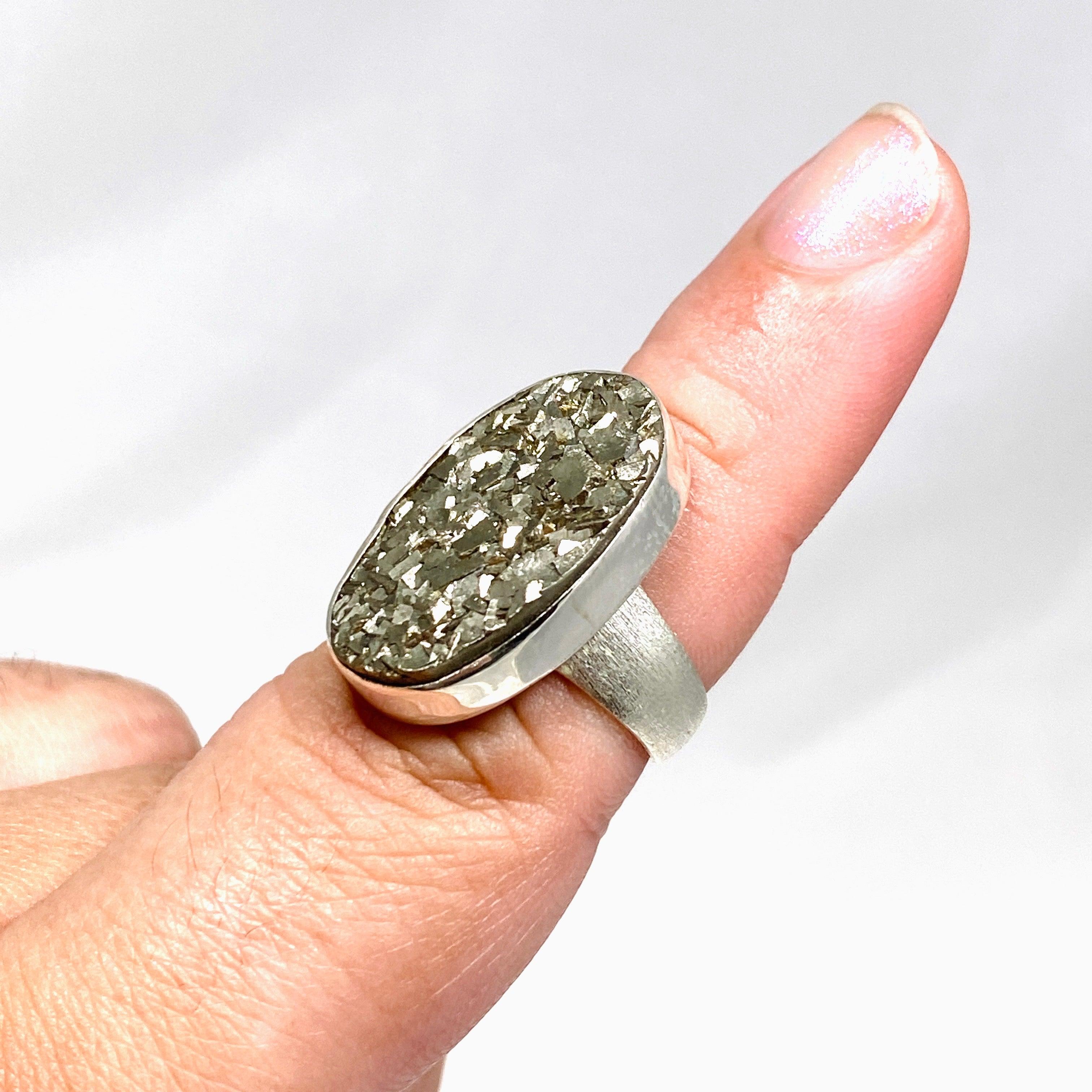 Natural Pyrite Raw Stone Oval Ring with Brushed Silver Band - Size 8 - KRGJ3193 - Perfect for Boho Jewelry, Spiritual Healing & Everyday Fashion Accessories
