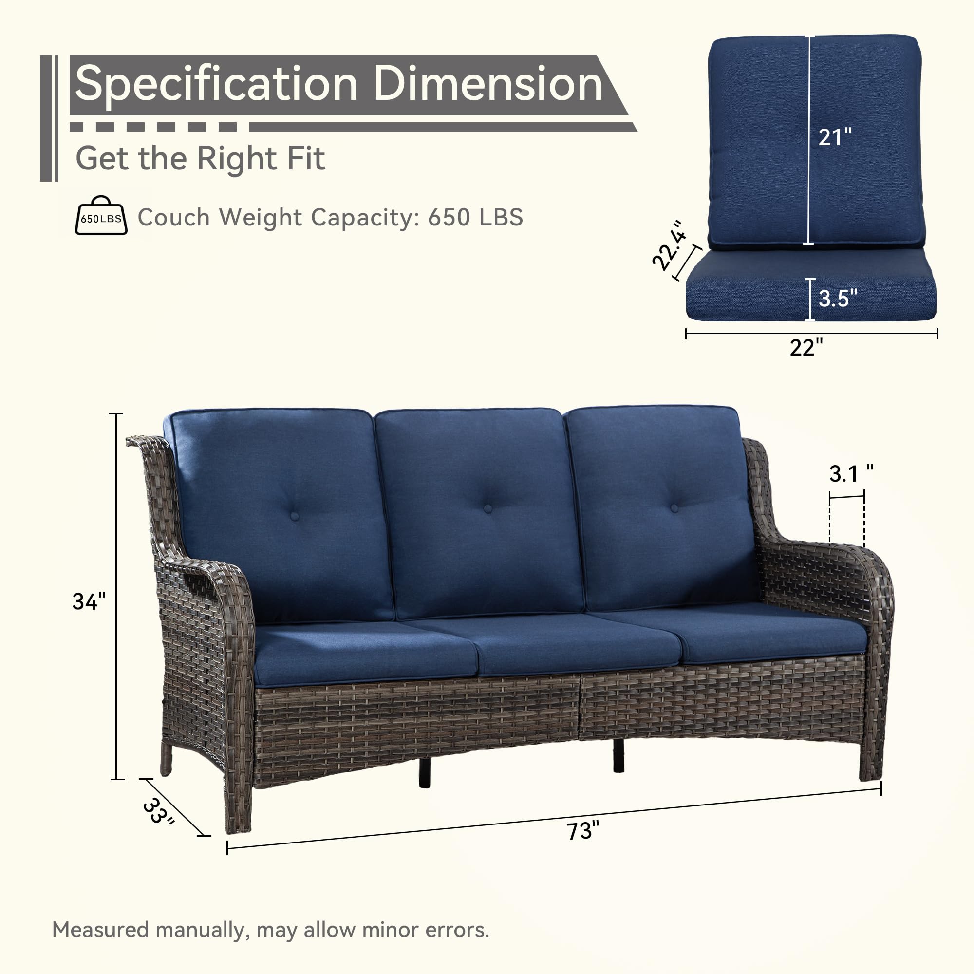 Outdoor Wicker Patio Sofa 3-Seat Sectional with Deep Seating & Comfortable Cushions - Navy Blue All-Weather Furniture for Porch, Deck, Balcony, Backyard & Garden Relaxation