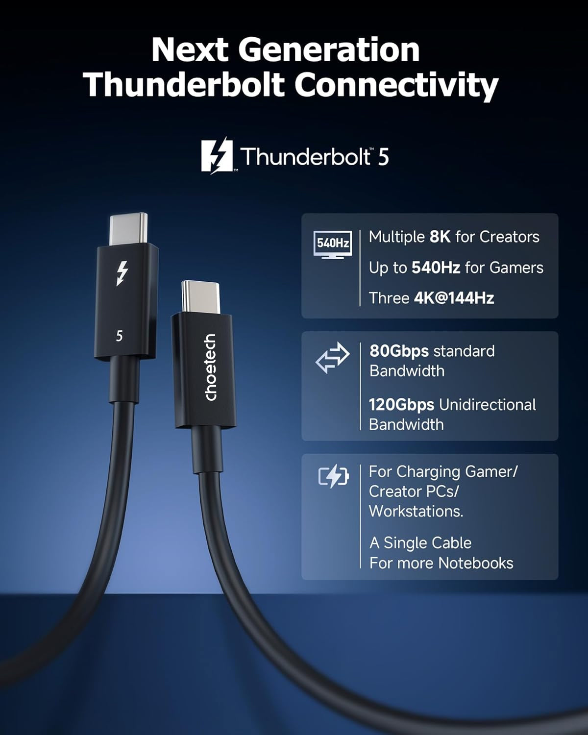 CHOETECH Thunderbolt 5 Certified 240W 80Gbps Audio & Data Cable - High-Speed Charging & 8K Video for MacBook Pro, Gaming PCs & Studio Monitors