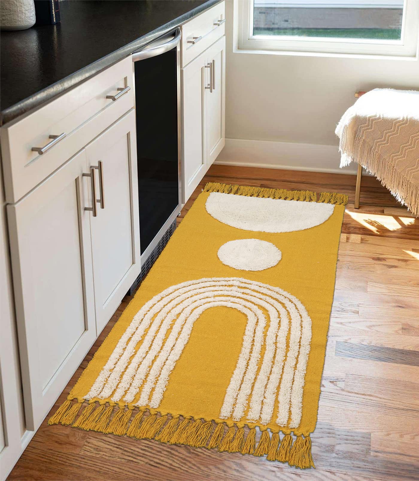 Uphome Boho Washable Runner Rug 2' x 4.3' - Rainbow Tufted Non-Slip Kitchen Mat, Mid Century Bathroom Rug with Tassels, Yellow Farmhouse Geometric Woven Accent Rug for Bedroom Laundry Doorway - Perfect for Bohemian Home Decor, Kitchen Safety & Cozy Bedroom Vibes
