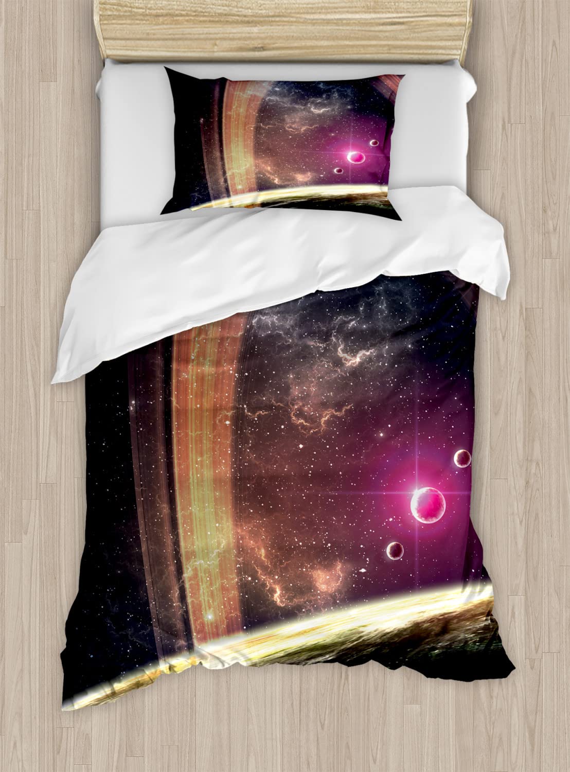 Ambesonne Galaxy Duvet Cover Set - Twin Size 2-Piece Dark Grey Magenta Space Theme Bedding with Nebula Stars & Planets Design | Perfect for Sci-Fi Lovers, Kids Rooms & Astronomy Themed Bedrooms