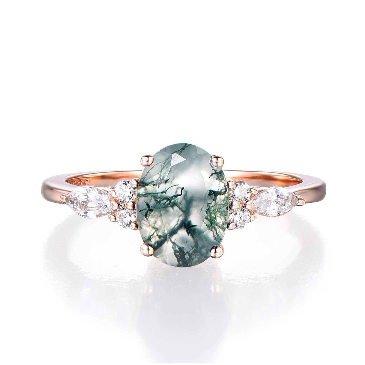 1.5ct Oval Natural Green Moss Agate Engagement Ring in Rose Gold - Marquise Cut CZ Diamond Wedding Ring for Women, Promise Ring & Anniversary Gift (Perfect for Beach Weddings & Romantic Proposals)