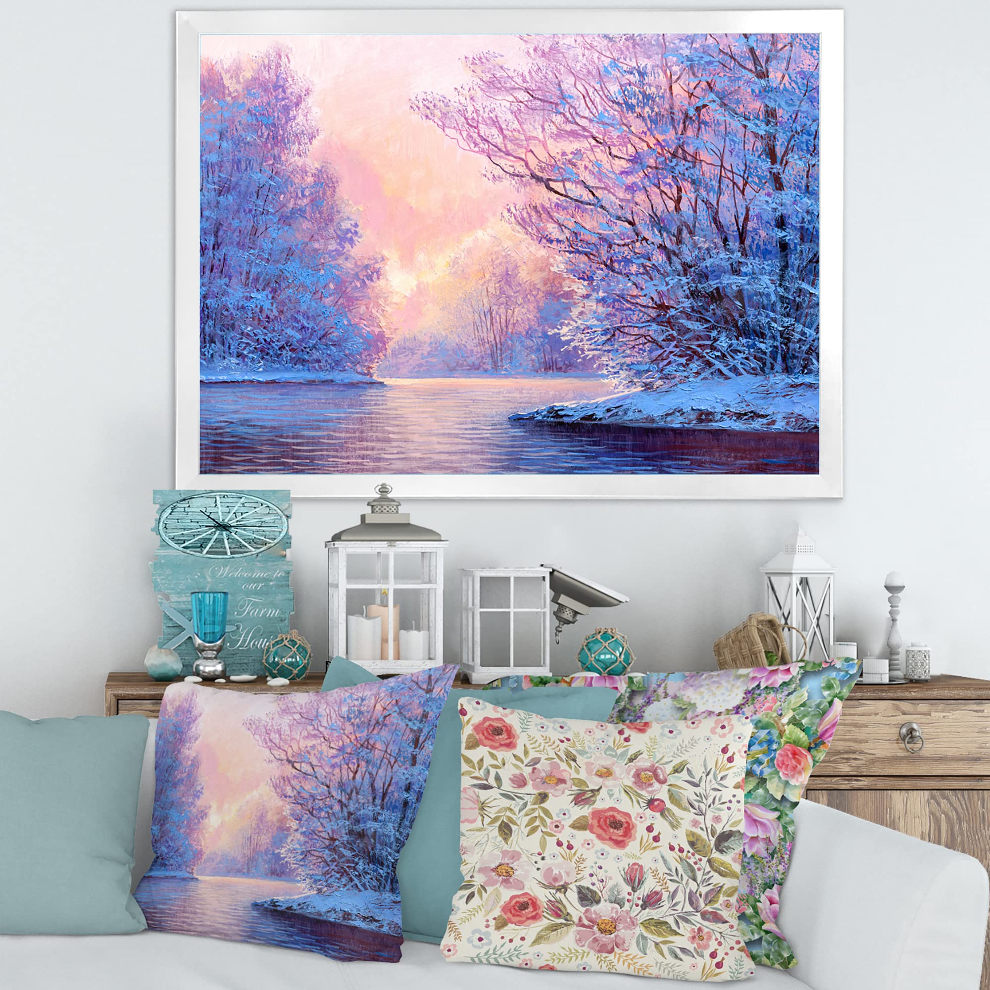 DesignQ Winter Landscape With The River Original Lake House Framed Wall Art - Nature Inspired Home Decor for Living Room, Bedroom & Office