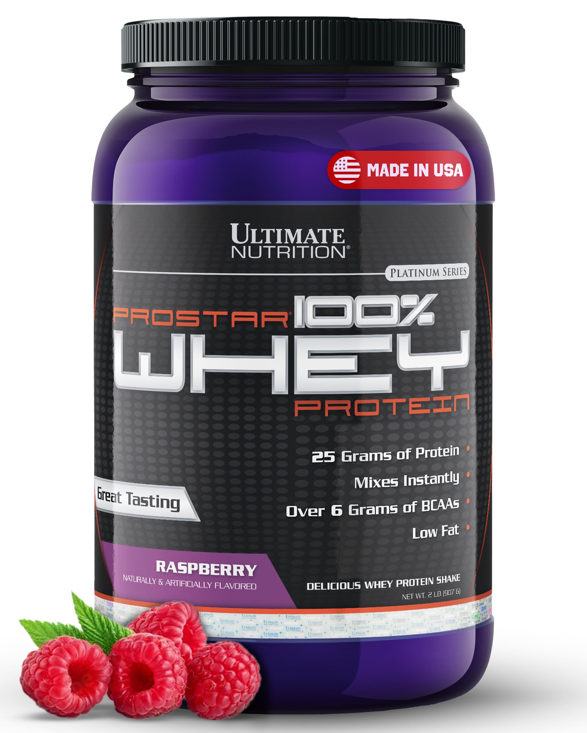 Ultimate Nutrition Prostar Whey Protein Isolate Powder - 2 lbs, Raspberry Flavor | Low Carb, High Protein Shake for Muscle Building & Recovery | Keto Friendly, Low Sodium, Low Fat | Perfect for Post-Workout & Weight Management