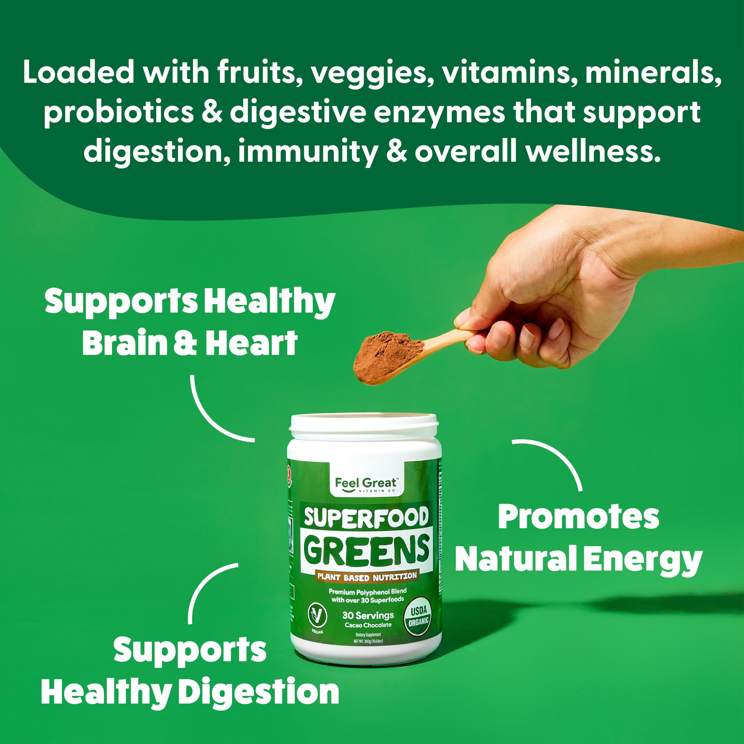 Organic Superfood Greens Powder - Cocoa Chocolate Flavor | 20+ Greens, Fruits & Veggies with Fiber, Probiotics & Digestive Enzymes | Vegan Super Greens Supplement for Energy & Digestion | 30 Servings for Smoothies, Juices & Healthy Drinks