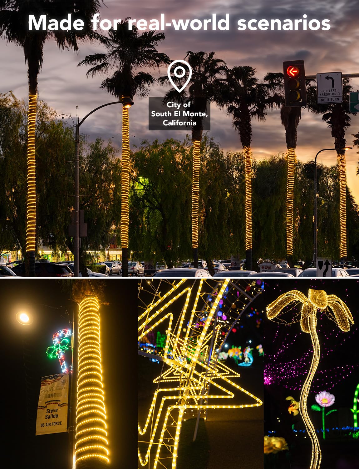 WYZworks 1656LEDs 150ft Outdoor LED Rope Lights - ETL Certified Waterproof, 360° Flexible Connectable Tube for Christmas, Palm Tree, Landscape & Patio Decor (Warm White) - Perfect for Holiday, Garden & Exterior Lighting