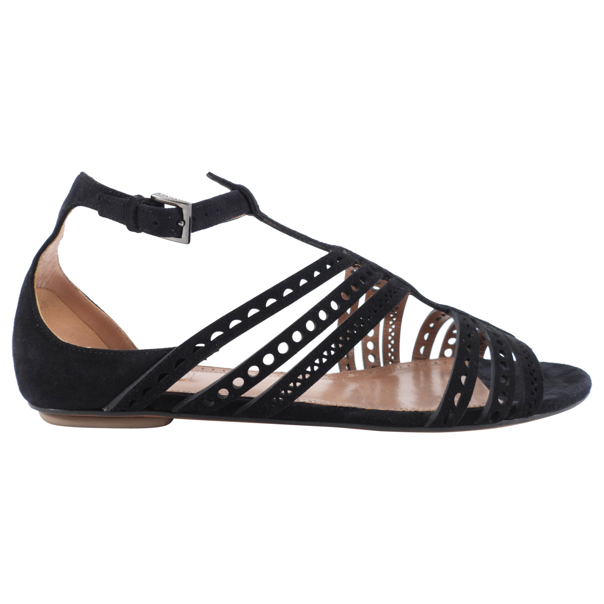 Alaia Black Suede Flat T-Strap Sandals Women's Size 8.5 (EU 38) - Comfortable Summer Casual Shoes for Beach, Party & Daily Wear