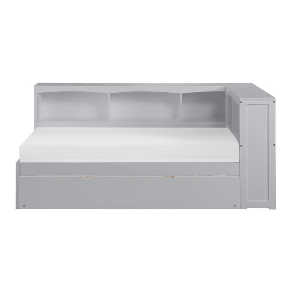 Lexicon Orion 5-Shelf Wooden Twin Bookcase Corner Bed with Trundle - Gray Space-Saving Kids Bedroom Furniture for Small Rooms & Dorm Organization
