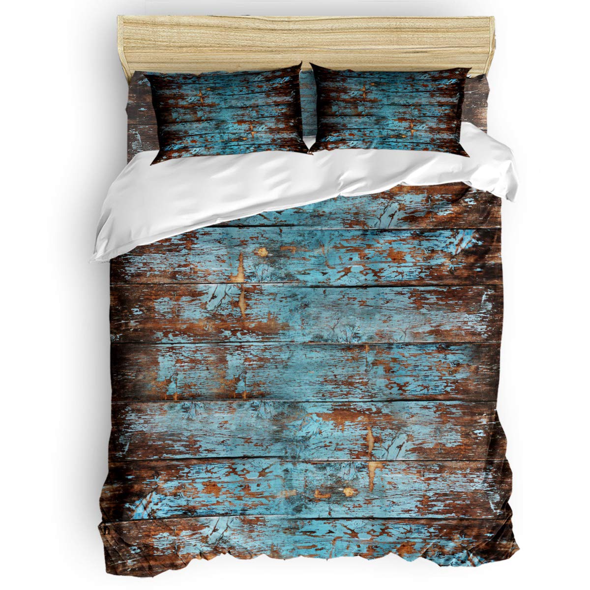 4 Piece Full Size Bedding Set - Wood Grain Vintage Shabby Chic Comforter Cover with 2 Pillowcases for Kids Bedroom | Soft Cotton Bed Sheets for Boys & Girls | Perfect for Cozy Sleepovers and Guest Rooms