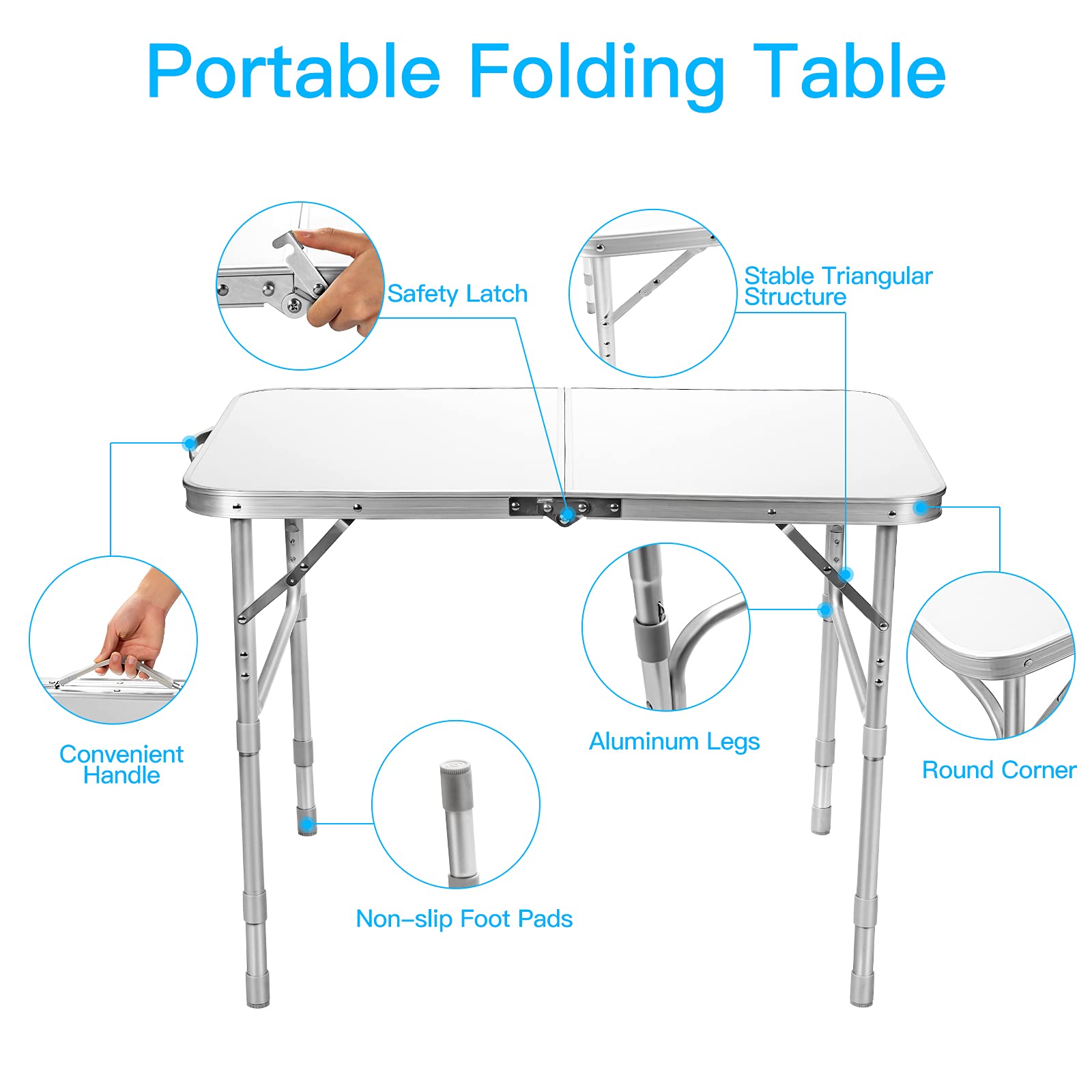 Rainfally 3FT Folding Picnic Table - Adjustable Height Aluminum Camping Table, Portable Fold-in-Half Dining Table for Outdoor, Indoor, Travel & BBQ (35.5
