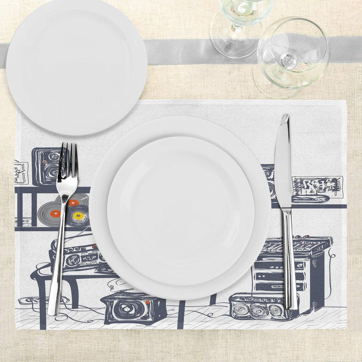 Ambesonne Modern Place Mats Set of 4 - Recording Studio Theme with Turntable, Records & Speakers Design - Washable Fabric Placemats for Dining Room & Kitchen Table Decor in Cadet Blue - Perfect for Dinner Parties, Music Lovers & Home Decor Enthusiasts