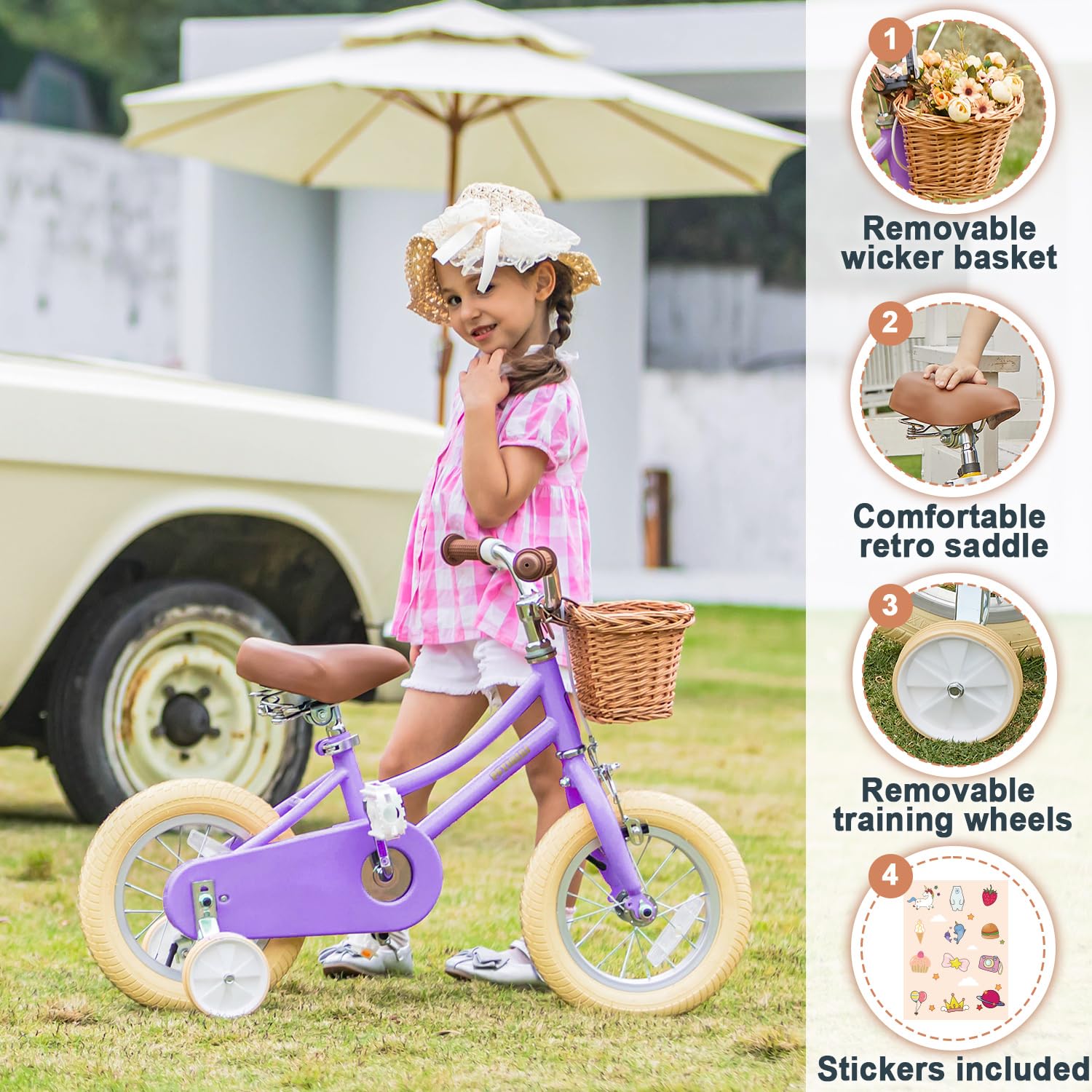 Petimini Girls Bike with Basket for Kids Ages 2-12 | 12-20 Inch Children's Bicycle with Training Wheels & Bell | Multiple Color Options | Perfect for Neighborhood Rides, Park Adventures & Learning to Cycle