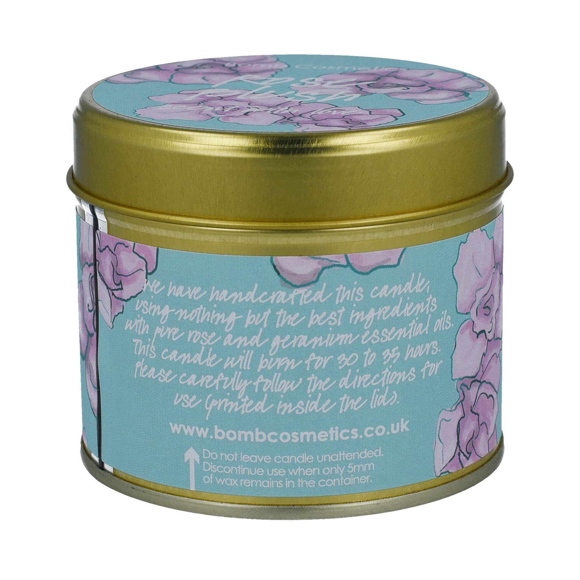 Bomb Cosmetics Rose Blush Scented Tin Candle - Natural Rosebud & Greenleaf Aroma with Pure Geranium & Rose Essential Oils | Vegan, 30-35 Hour Burn Time | Perfect for Romantic Dinners, Spa Relaxation & Home Decor