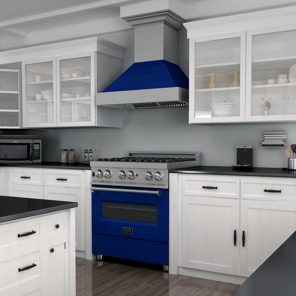 ZLINE 30 Inch 4.0 cu ft Dual Fuel Range - 4 Burner Gas Cooktop & Electric Convection Oven - Satin Stainless Steel with Blue Gloss Door (RAS BG 30) - Perfect for Modern Kitchens & Professional Cooking