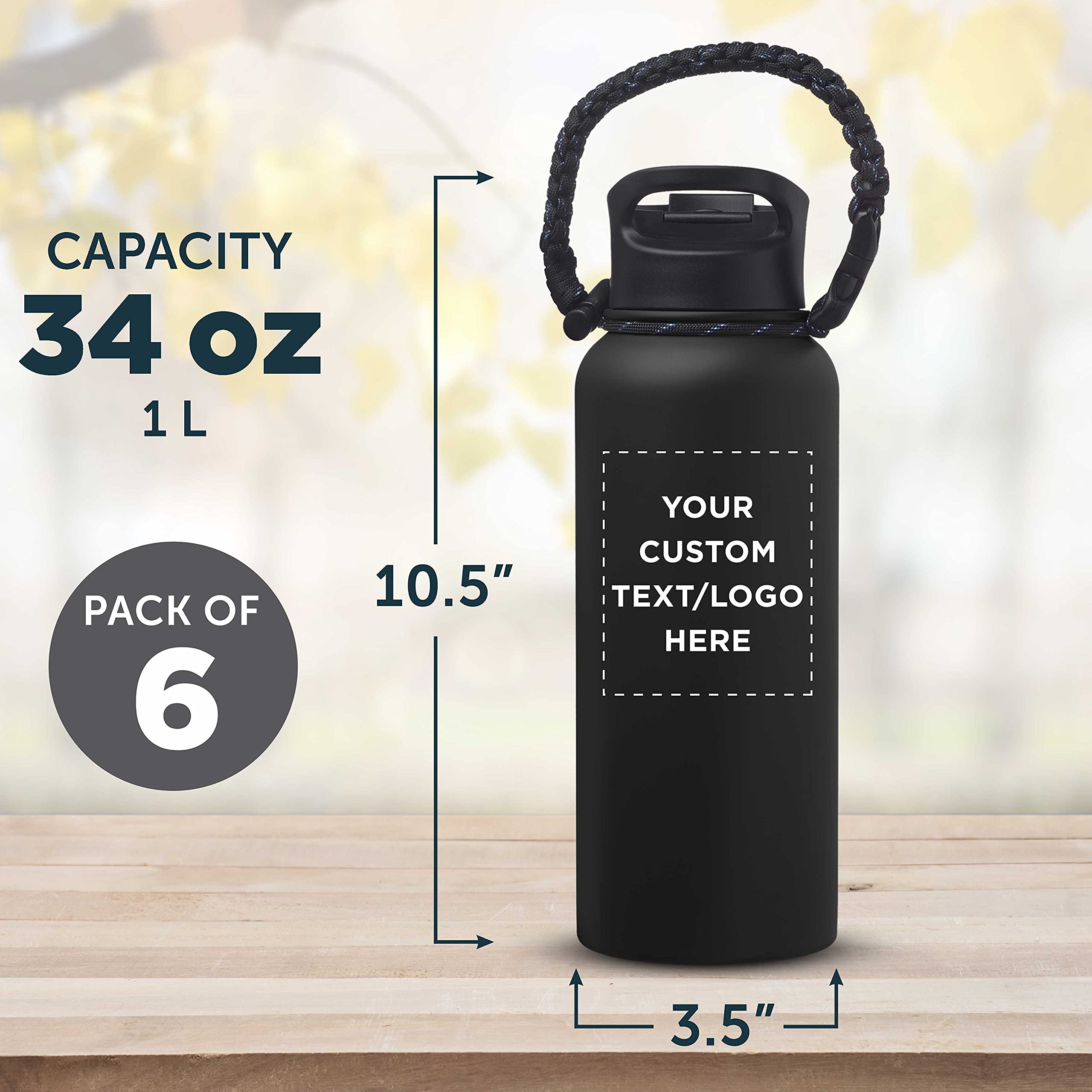 6 Pack Vulcan Stainless Steel Water Bottles 34oz with Strap - Double Wall Vacuum Insulated, Custom Text & Logo - Black - Perfect for Gym, Hiking, Camping & Outdoor Activities