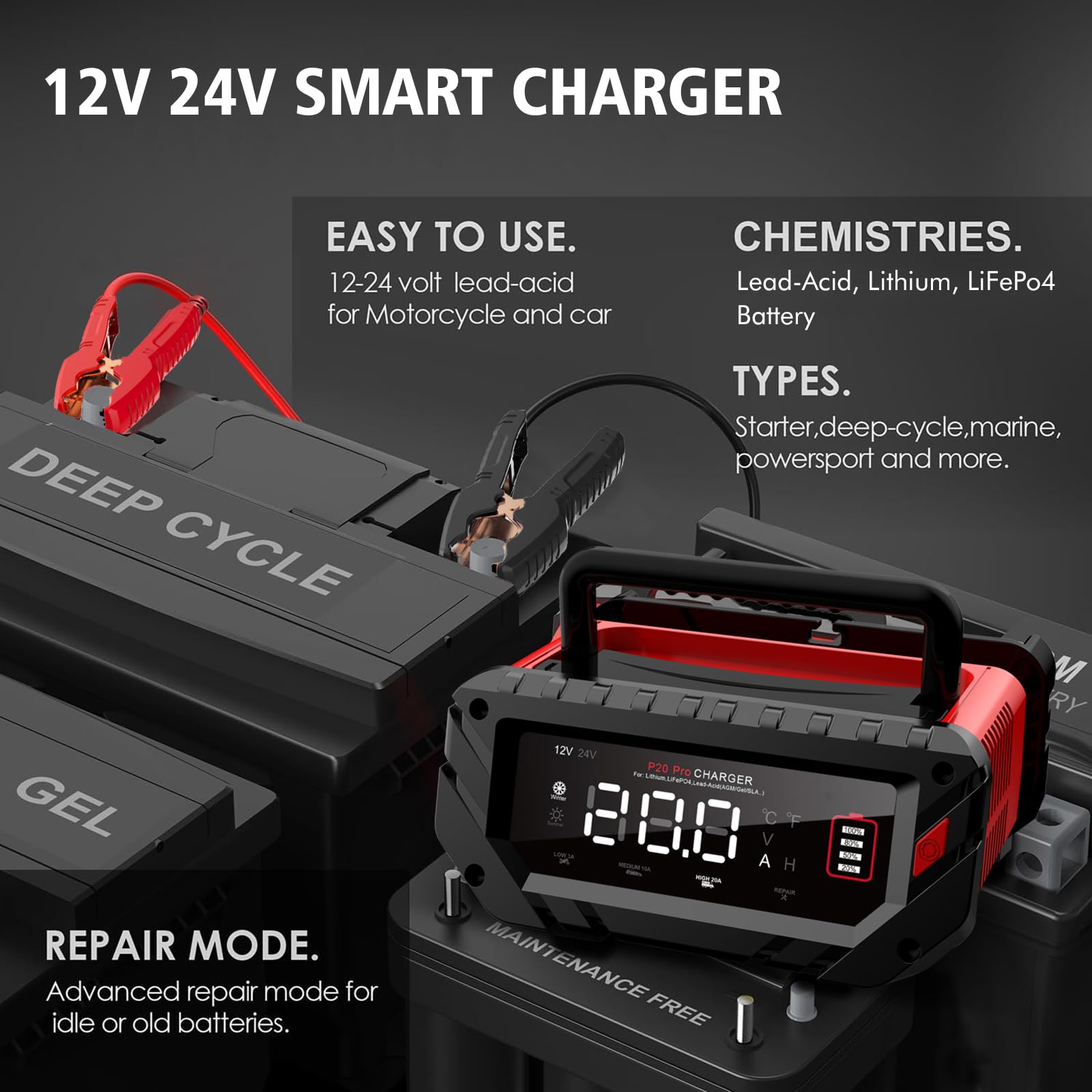 20-Amp 12V/24V Smart Car Battery Charger & Maintainer - Fast Charging for Lead-Acid, Lithium & LiFePO4 Batteries - Perfect for Cars, Motorcycles, Boats & RVs - Keep Your Vehicle Ready for Road Trips & Long-Term Storage