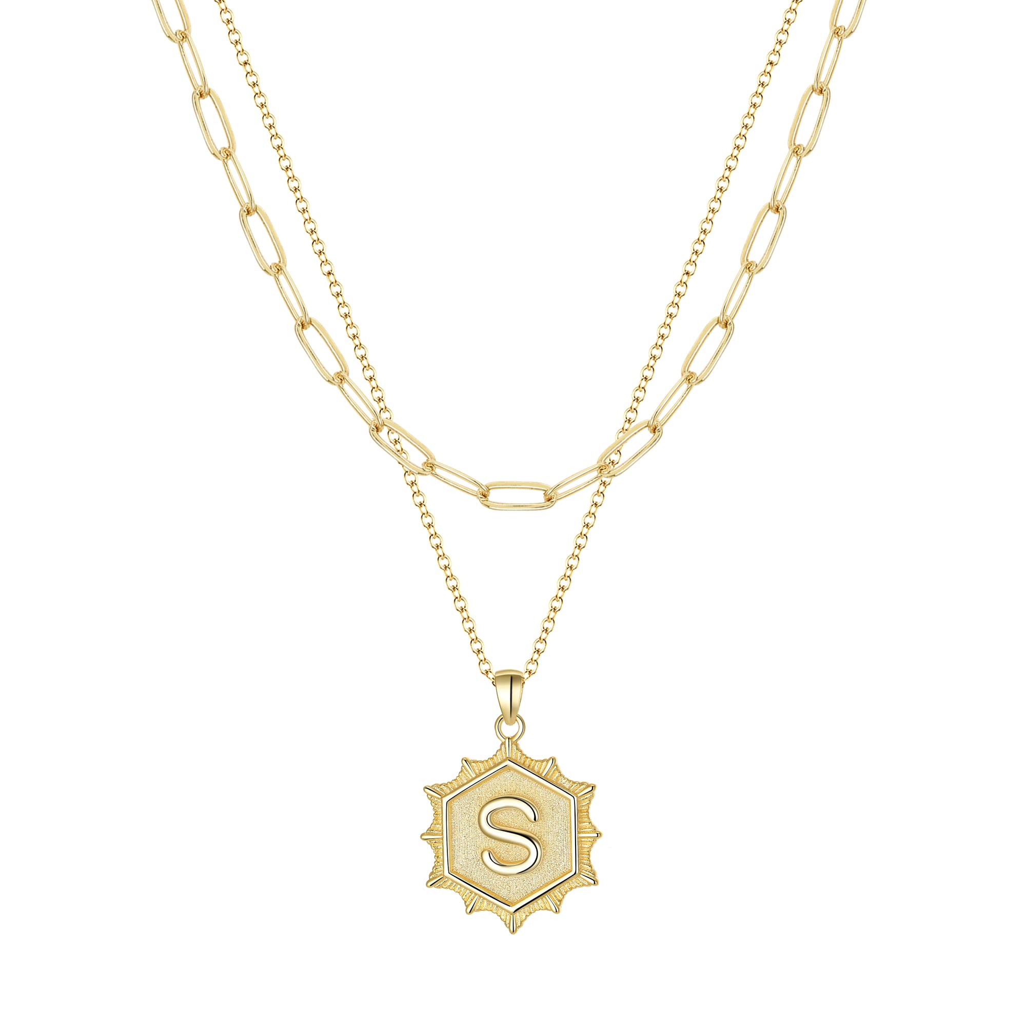EVER FAITH Layered Initial Pendant Choker Necklace for Women - Simple Cute Hexagon Letter Paperclip Chain Necklace Jewelry Gift for Her | Birthday, Anniversary, Valentine's Day Present
