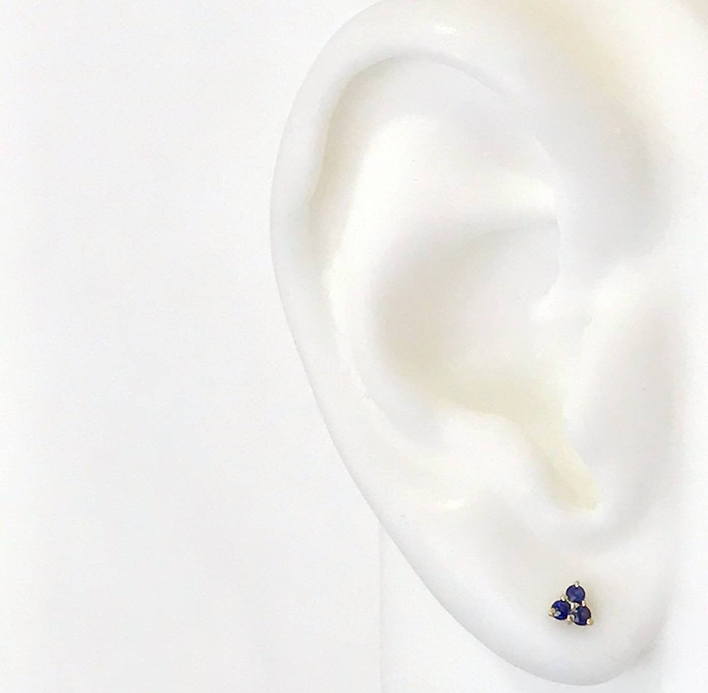 Genuine 2mm & 5mm Round Triple Blue Sapphire Stud Earrings in Solid Sterling Silver or 14K Gold | Trinity Cluster Fine Jewelry for Women | Perfect for Weddings, Parties & Everyday Wear