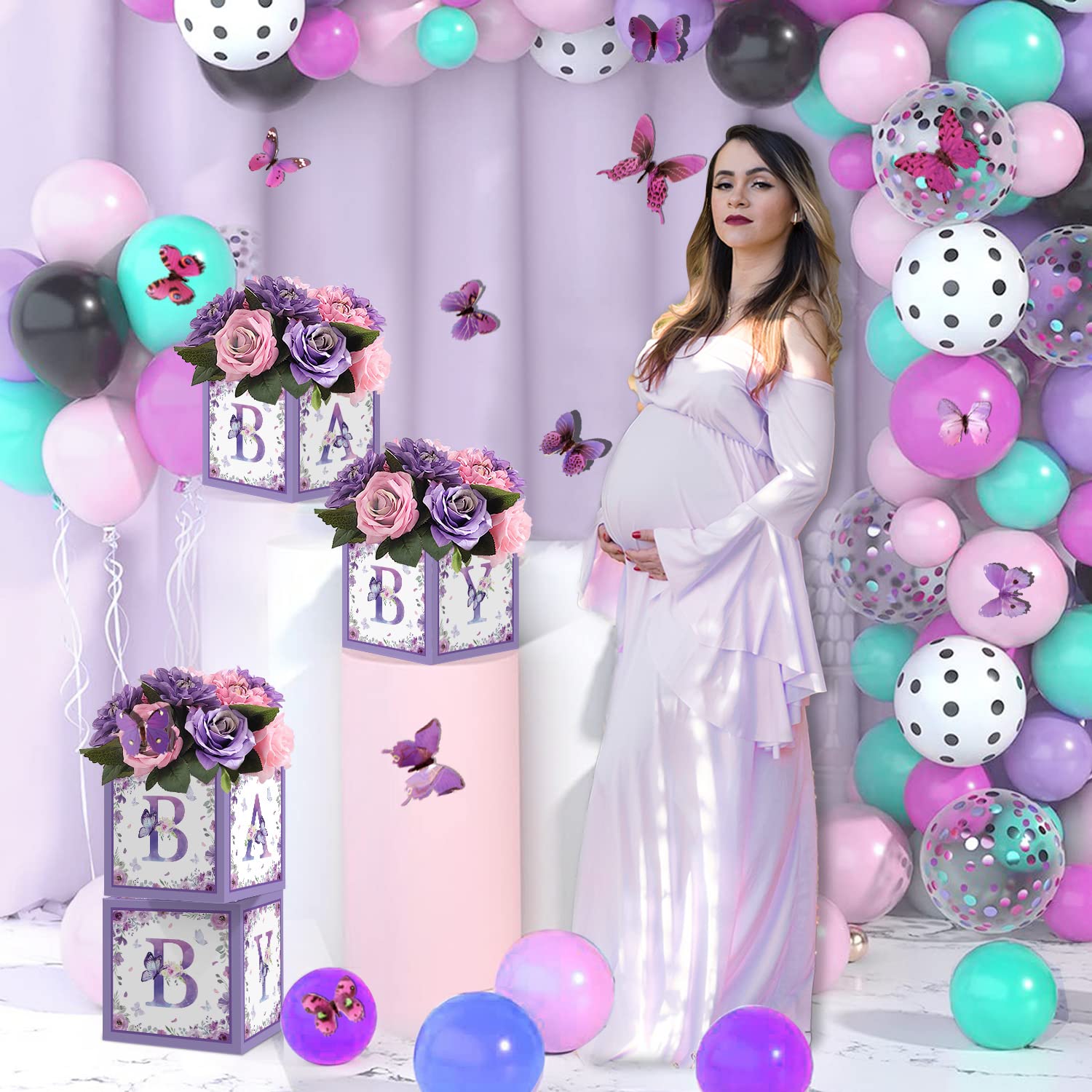 Purple Butterfly Baby Shower Decor Boxes - 4pc Gender Reveal & Birthday Centerpieces for Party Decorating