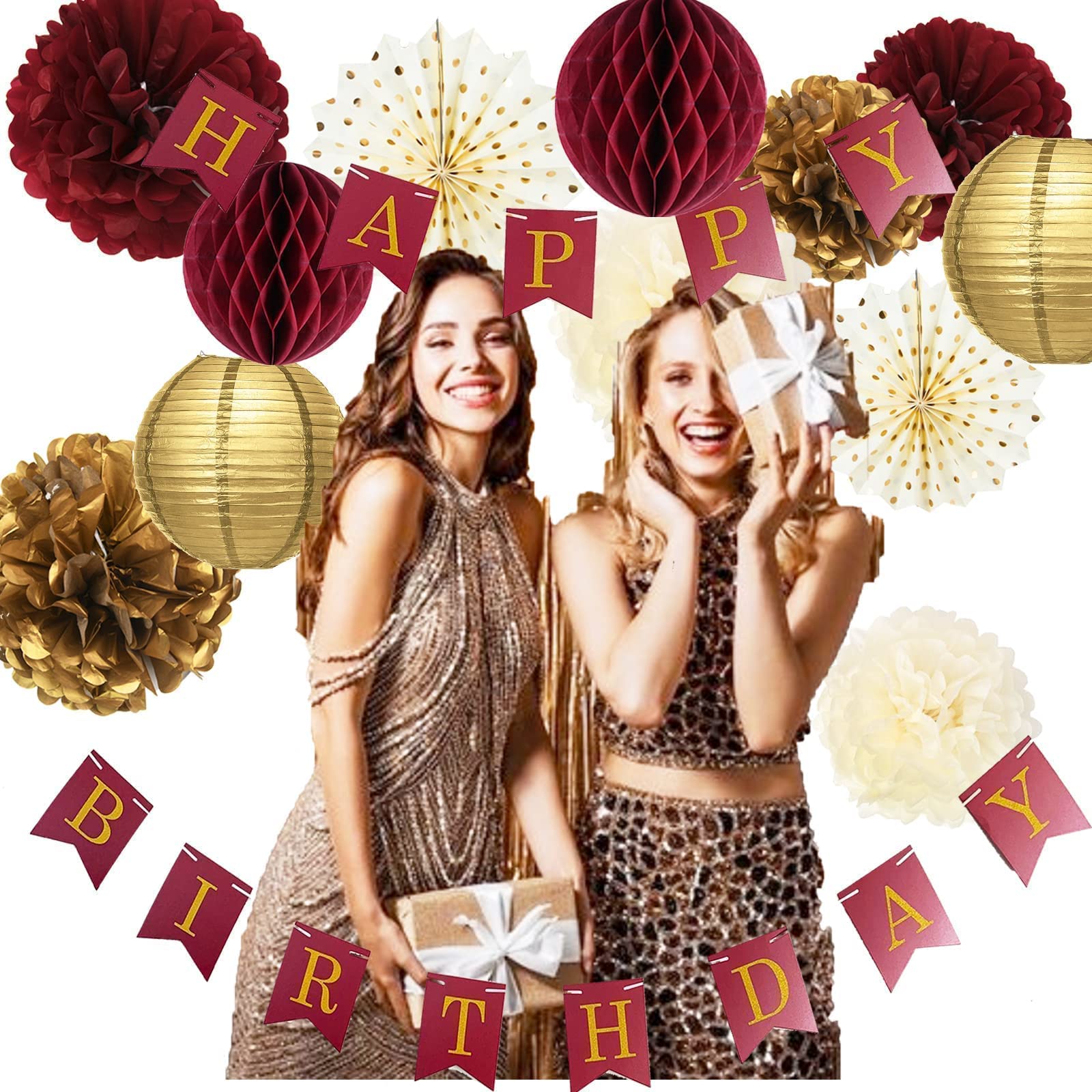 Maroon & Gold Happy Birthday Banner - Elegant Burgundy Fall Party Decorations for Women | Perfect for Birthday Celebrations, Bridal Showers & Special Events