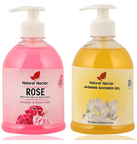 Natural Nectar Rose & Jasmine Shower Gel with Pump - Vitamin C & Aloe Vera Body Wash for Men & Women - Paraben & Silicone Free - Essential Oil Infused - Pack of 2 - Perfect for Relaxing Baths & Spa-Like Showers