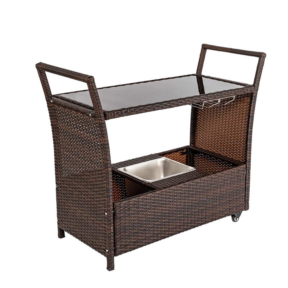 Bonnlo Wicker Outdoor Bar Cart with Wheels & Ice Bucket - Rattan Serving Cart with Glass Top & Wine Glass Holder - Perfect for Pool Parties, Backyard BBQs, Porch Entertaining & Outdoor Gatherings