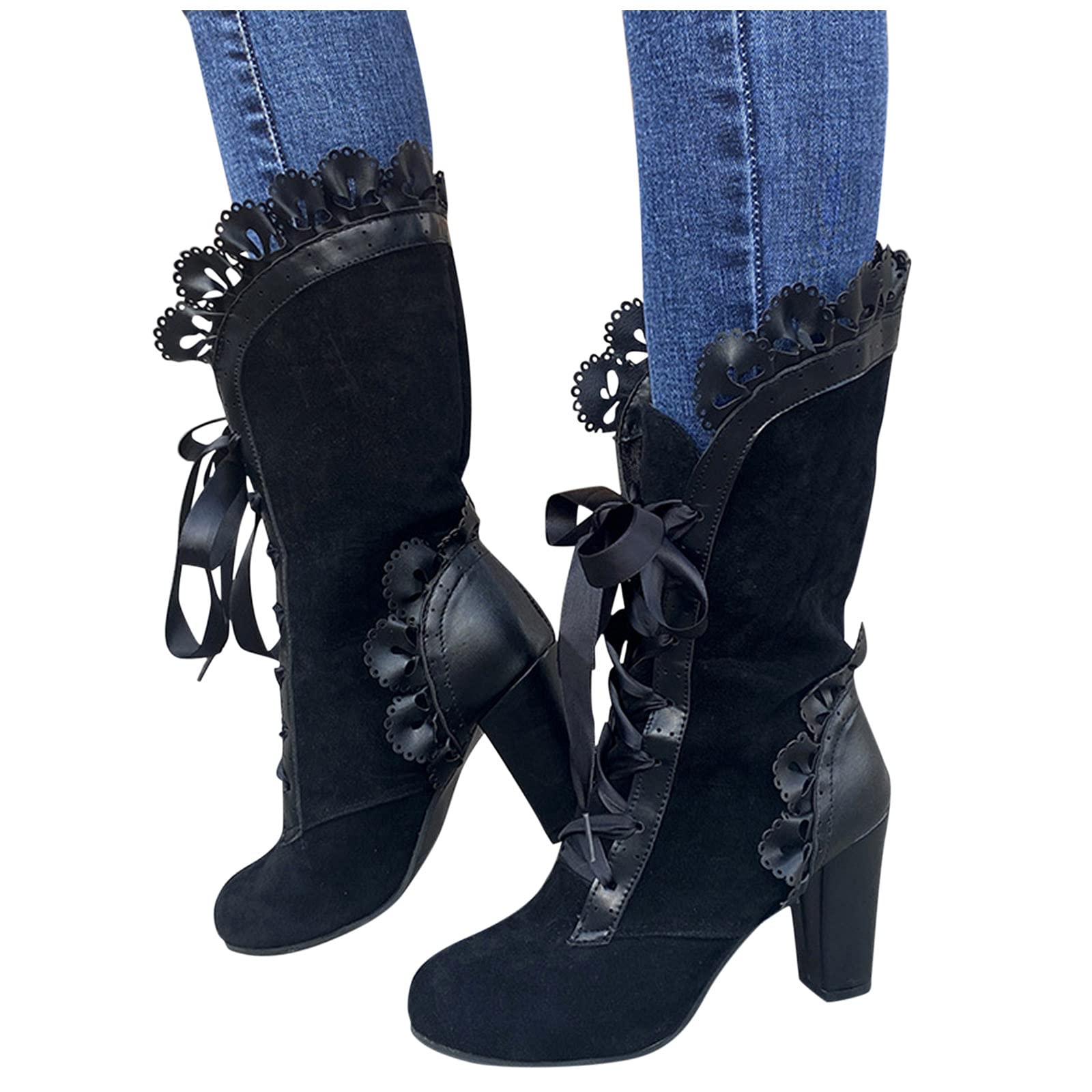 Women's Mid Calf Cowboy Boots with Chunky Heel - 2022 Fashion Western Ankle Boots in Suede Leather with Floral Lace Up Design | Perfect for Country Dancing, Rodeo Events & Western Style Outfits