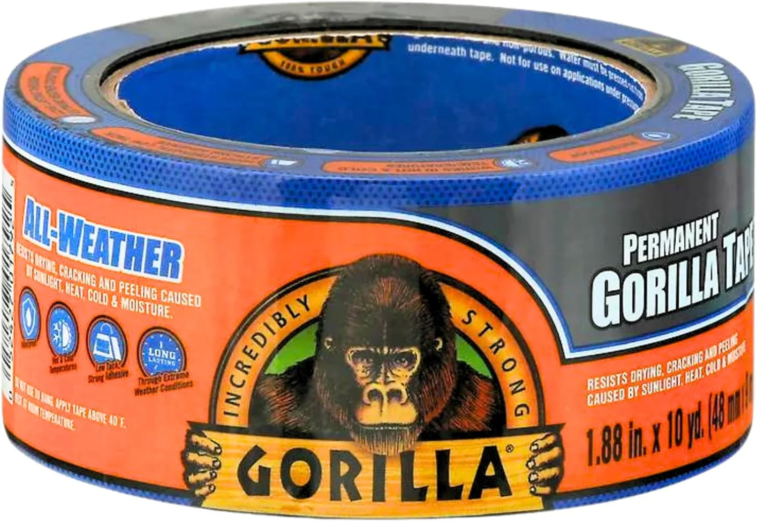 Gorilla 10 Yard Heavy Duty All Weather Waterproof Duct Tape - UV & Temperature Resistant, 1.88 Inch Wide, Black - Perfect for Outdoor Repairs, Sealing, and Emergency Fixes