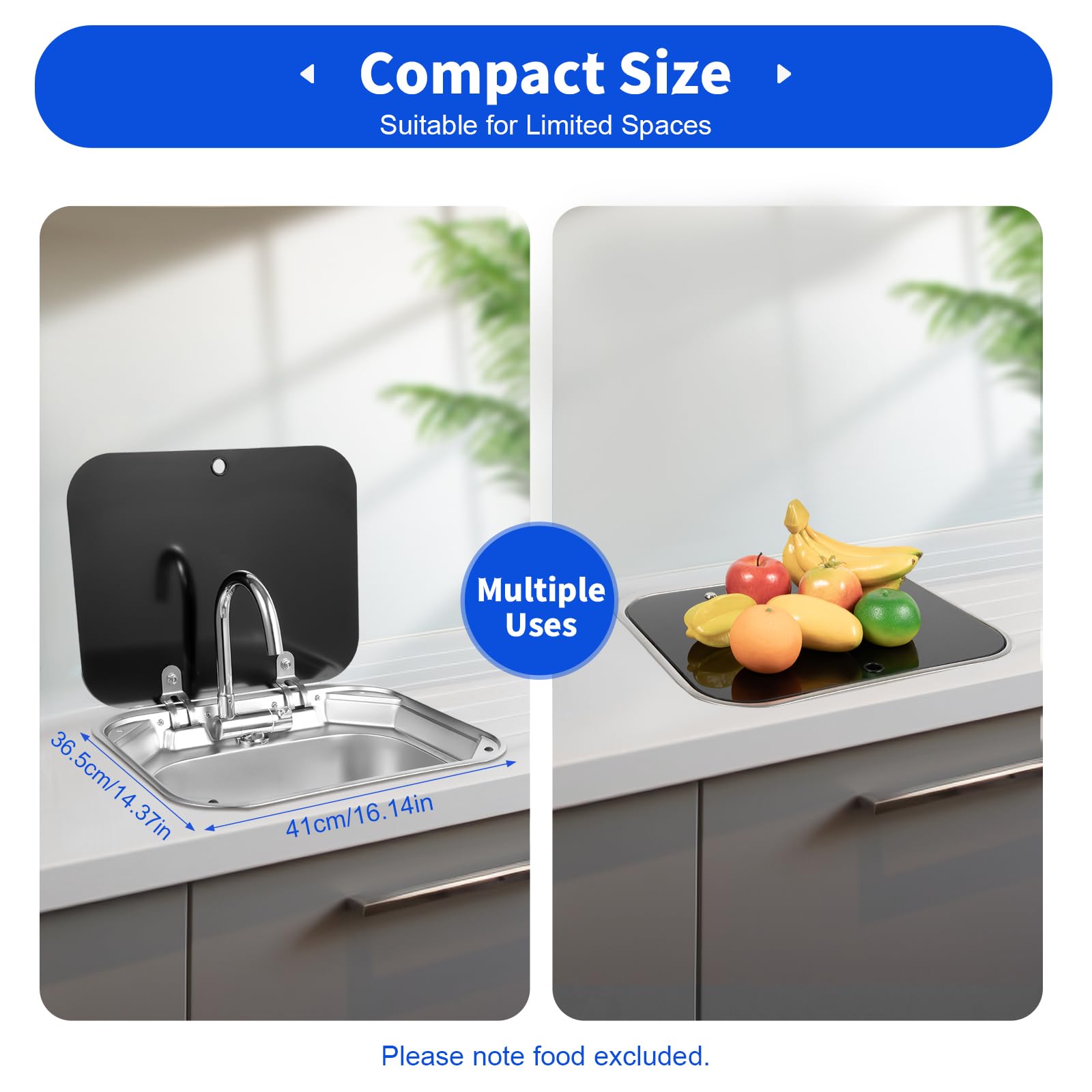17 Inch Stainless Steel RV Kitchen Sink with Folded Faucet & Glass Lid - Drop-in Hand Wash Basin for Caravan, Trailer, Van & Camper | Perfect for Compact Spaces & Outdoor Cooking