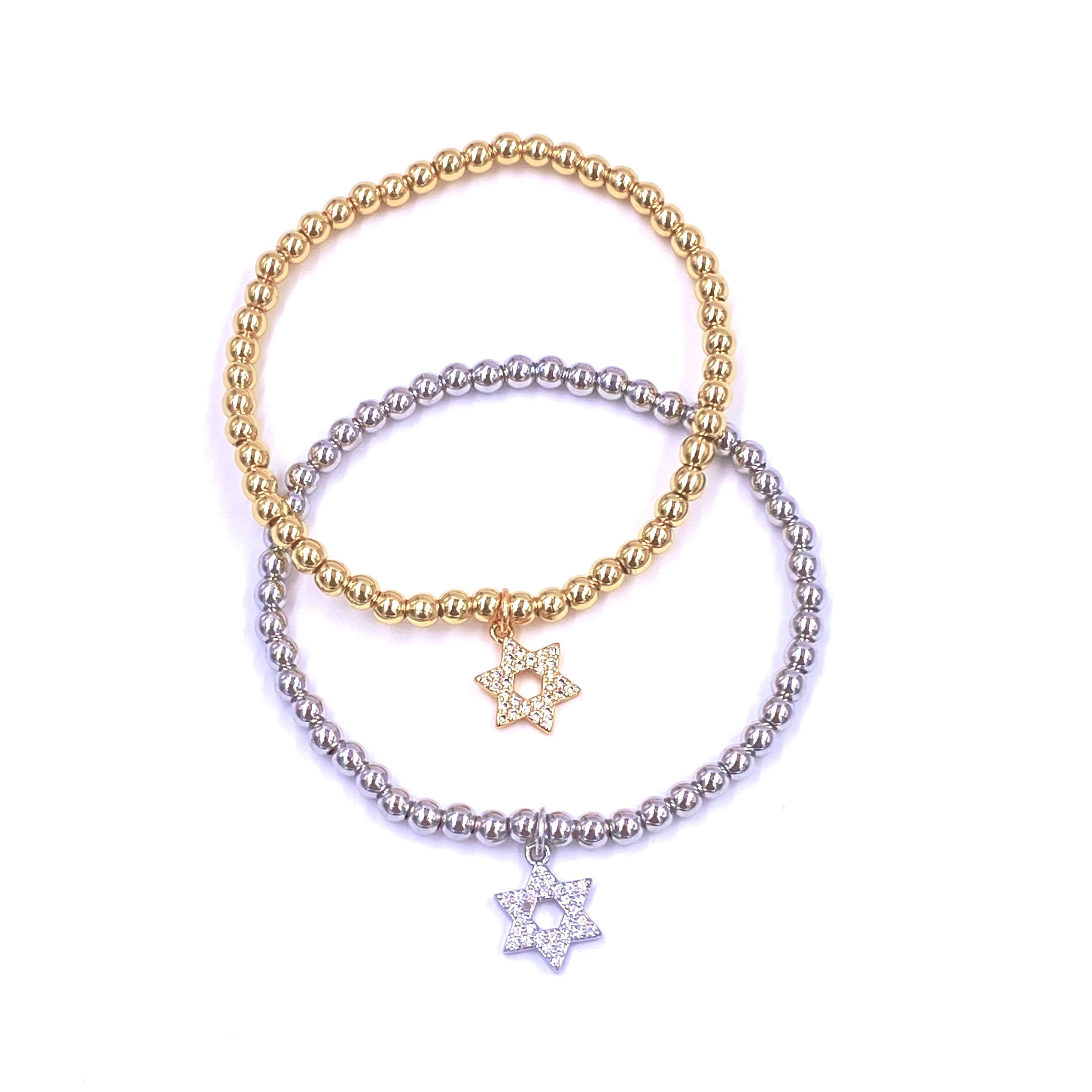 Ashley Gold Stainless Steel Floating CZ Star Charm Stretch Beaded Bracelet for Women - Elegant Adjustable Fashion Jewelry for Daily Wear, Parties & Gifts