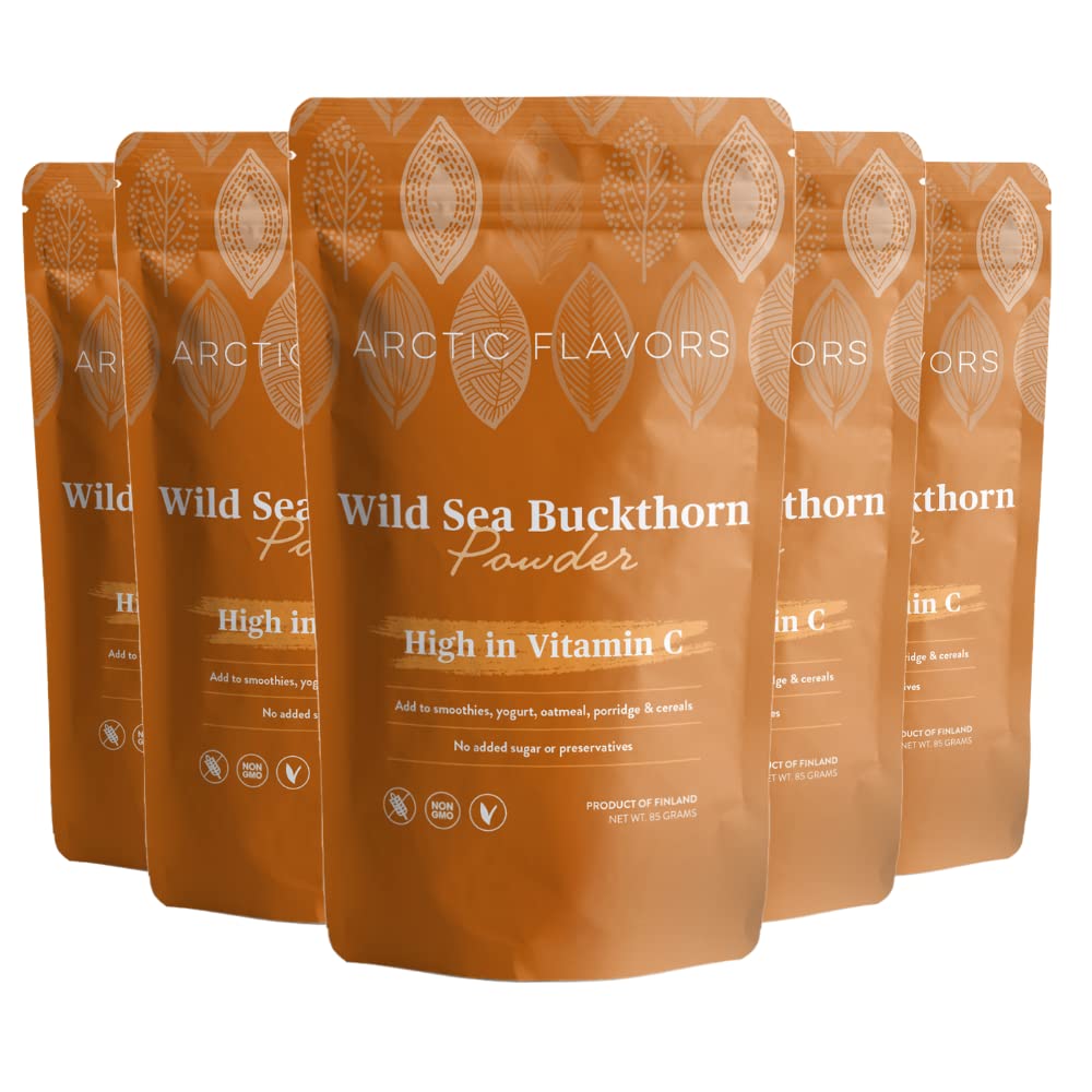 Premium Organic Sea Buckthorn Powder - Rich in Omega 3 6 7 9 Fatty Acids & Vitamin C - Cold-Pressed Sea Buckthorn Oil - Freeze Dried Whole Berries - Sustainably Grown in Finland - 15oz (5 Pack) - Perfect for Smoothies, Skin Care & Immune Support