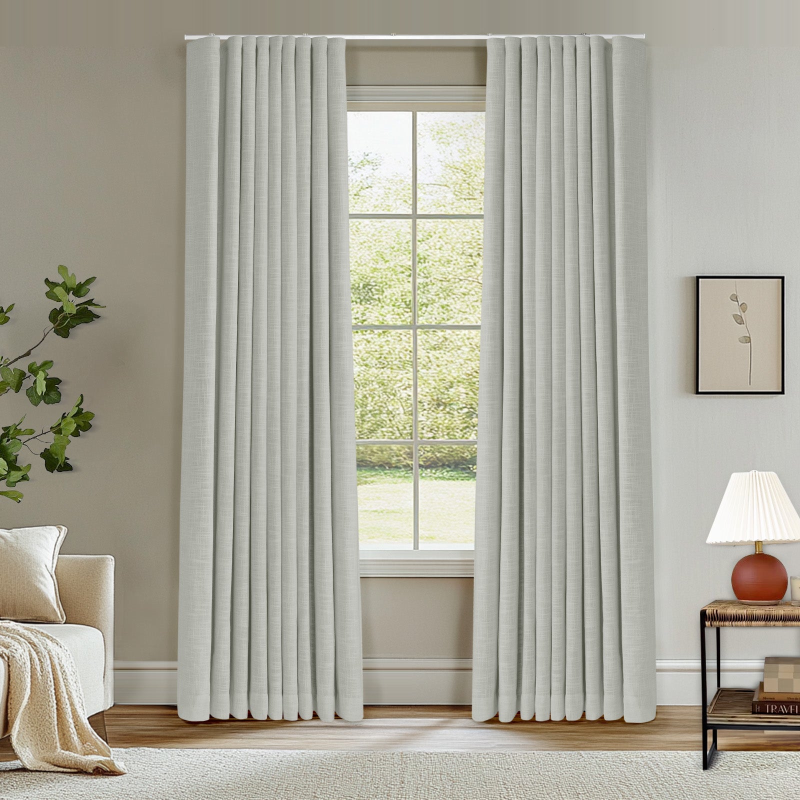 Ripple Fold Lille Linen Blackout Curtains - Custom Thermal Insulated Drapes with Ceiling Track in Sand Beige | Perfect for Bedroom, Living Room & Home Theater Light Blocking