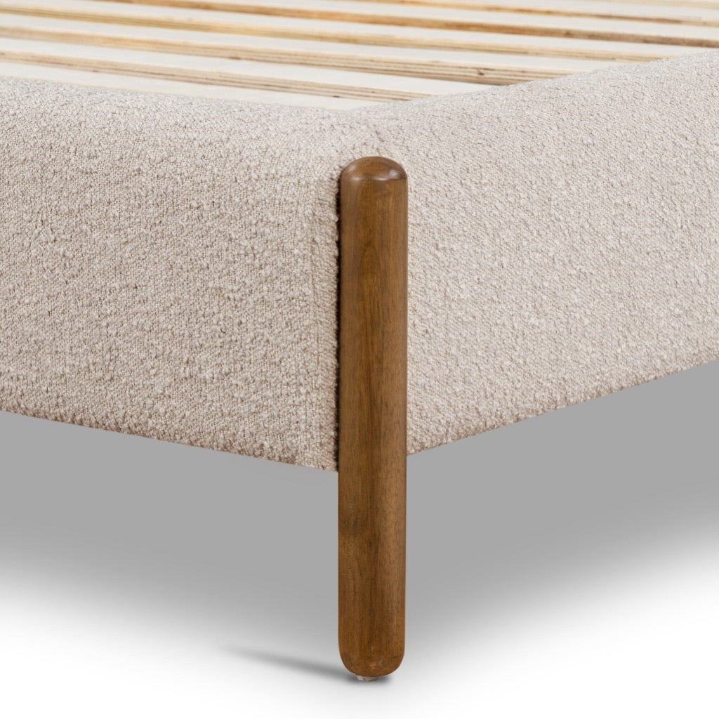 Emma Bed Frame - Modern Knoll Sand Upholstered Platform Bed with Wooden Slats for Bedroom, Living Room, or Guest Room