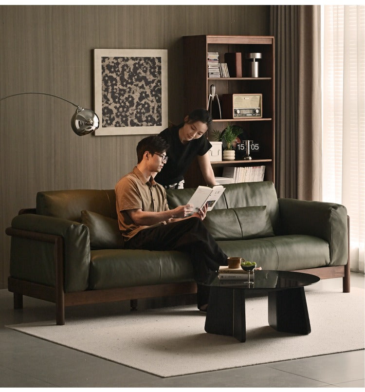 Modern Black Walnut Solid Wood Leather Sofa - Luxury Living Room Furniture for Home & Office Decor