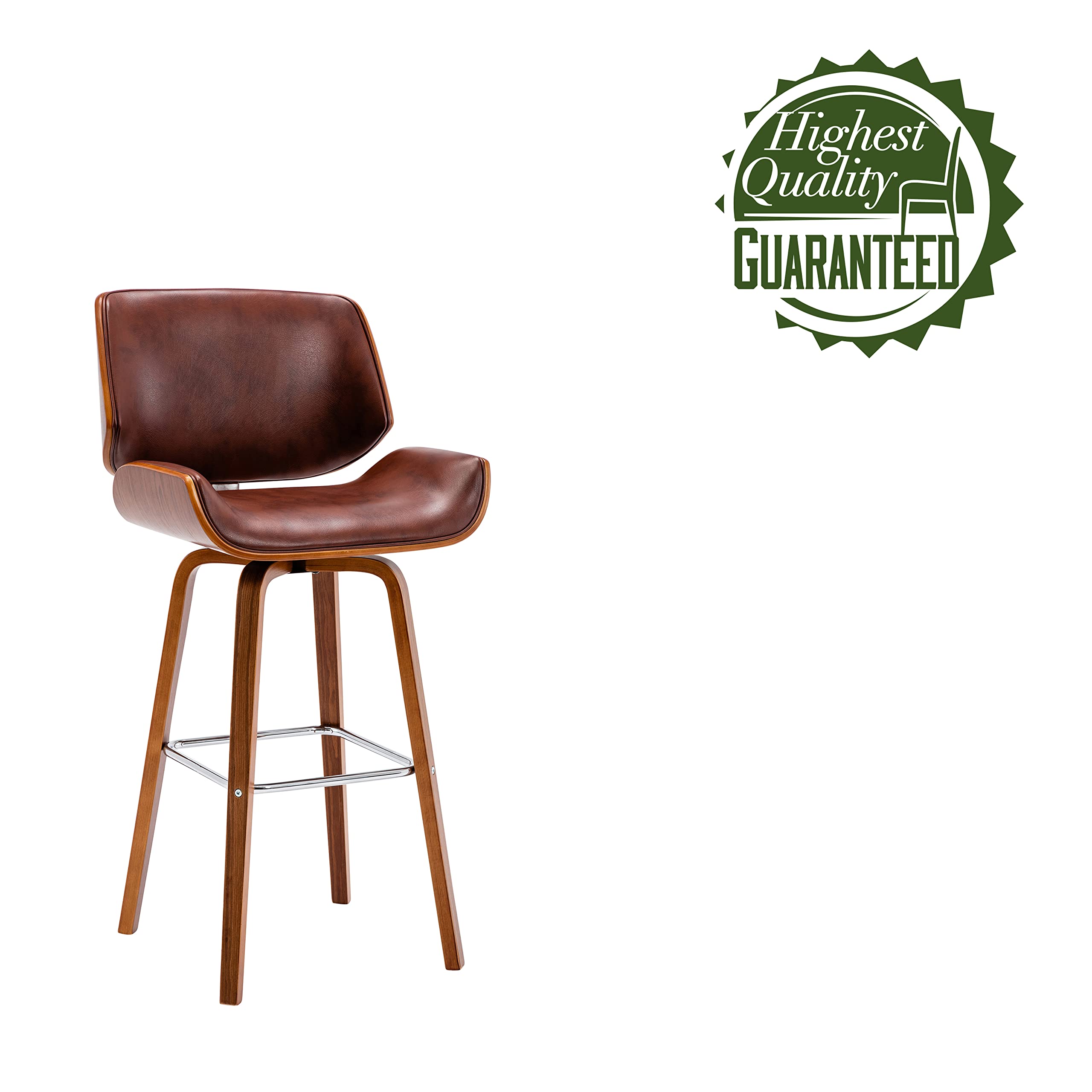 Porthos Home Oma Swivel Bar Stool - PU Leather Upholstered Counter Stool with Walnut Wood Legs & Chrome Footrest, Armless Design for Kitchen Island, Breakfast Bar or Home Pub - Perfect for Entertaining & Casual Dining