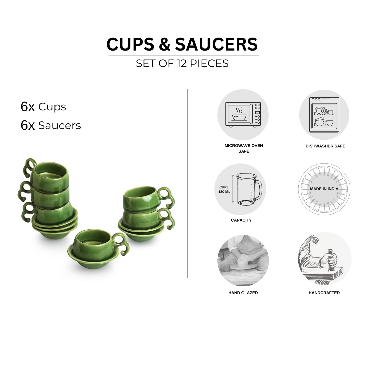 ExclusiveLane 'Jade Forest' 6-Piece Ceramic Tea Cup Set with Saucers (120ml, Jade Green) - Dishwasher & Microwave Safe Coffee Mugs for Chai, Tea & Hot Beverages | Perfect for Home, Office & Gifts