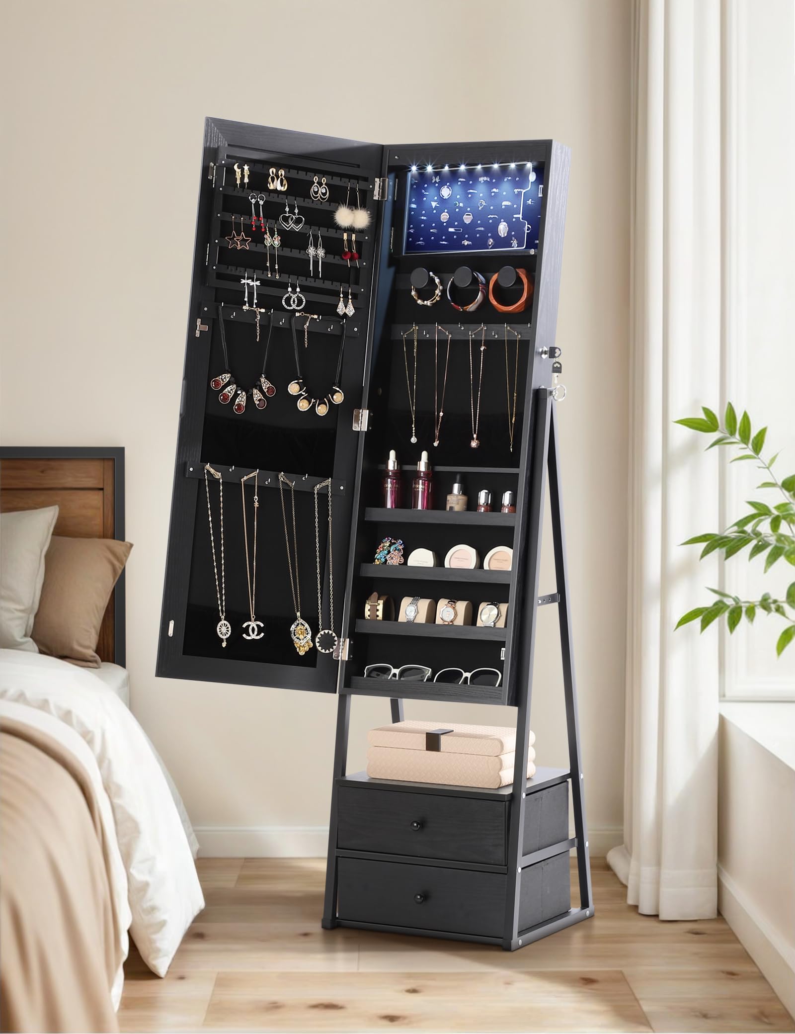 Nicetree LED Mirror Jewelry Cabinet - Lockable Standing Armoire with 2 Drawers & Full Length Mirror, Jewelry Storage Organizer for Bedroom (Black) | Perfect Christmas Gift for Women, Home Decor & Vanity Setup