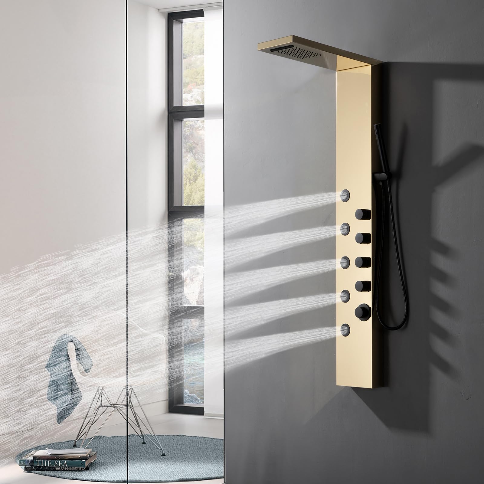 Homevacious Luxury Shower Panel Tower System - Rainfall Shower Head, 5 Body Jets & Handheld Shower | Modern Massage Shower System in Polished Gold & Black | Perfect for Spa-Like Bathroom Renovation & Relaxing Shower Experience