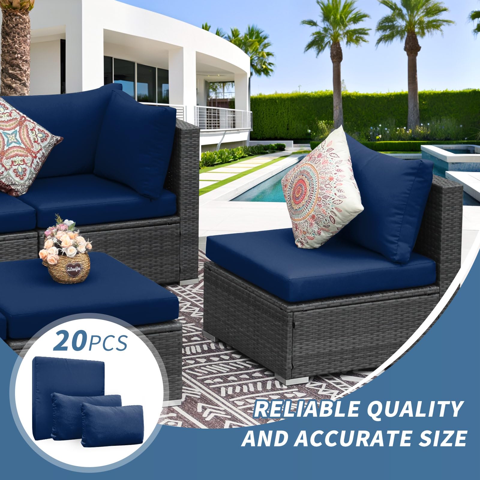 FINCATI 20-Pack 27x27 Inch Navy Blue Outdoor Cushion Covers - Waterproof Replacement Slipcovers for Patio Furniture, Sectional Sofa & Deck Chairs - Perfect for Backyard, Poolside & Garden Use