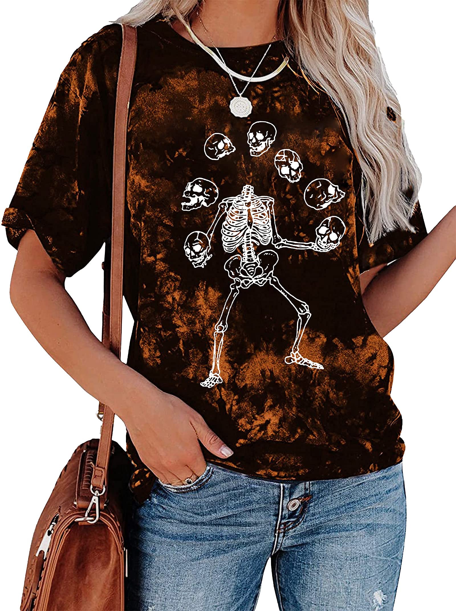 Women's Happy Halloween Dancing Skeleton Graphic T-Shirt - Cute Skull Print Fall Tee Top Blouse - Perfect for Halloween Parties, Costume Contests & Spooky Season Outfits