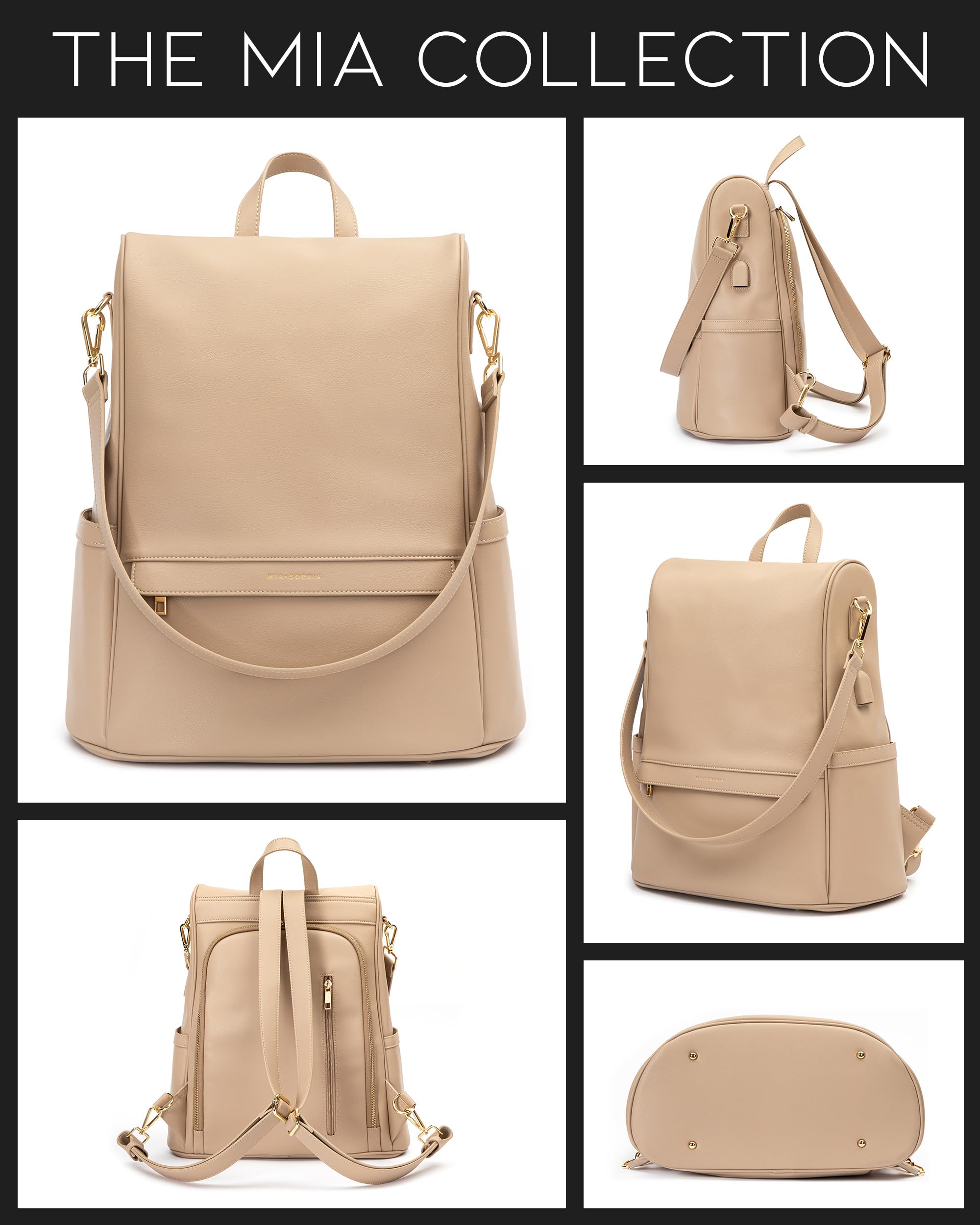 Premium Leather Diaper Bag Backpack with USB Charging Port, Insulated Bottle Holder & Stroller Straps - Includes Changing Pad - Perfect for Moms & Dads On-The-Go (Beige Mia) - Ideal for Travel, Shopping & Baby Care Essentials
