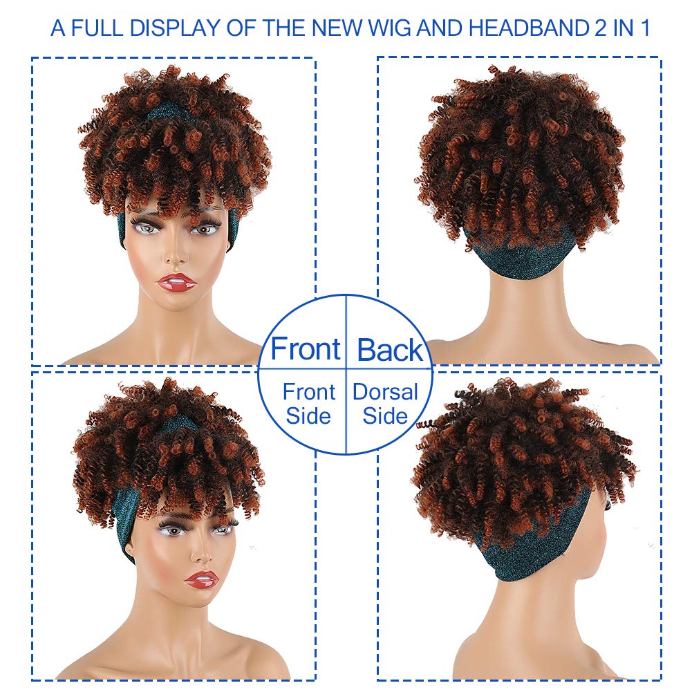 Asiaide Short Afro Kinky Curly Wigs for Black Women - Synthetic Headband Wig with Bangs & Attached Turban - Drawstring High Puff Brown Curly Wig for Everyday Wear, Cosplay & Special Occasions