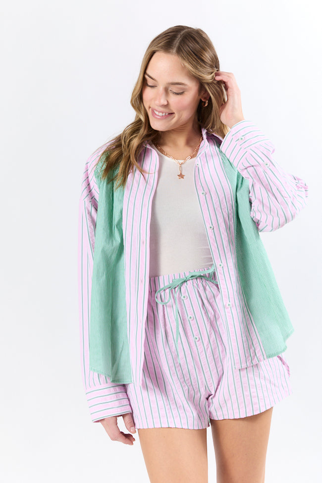 Stylish Light Pink & Green Multi-Stripe Button Down Shirt for Women | Casual & Office Wear | Summer Beach Outfits & Vacation Essentials